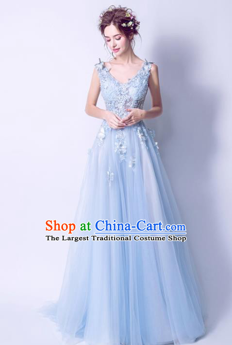 Handmade Blue Lace Formal Dress Compere Costume Catwalks Angel Evening Dress for Women