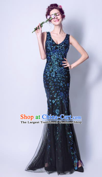 Top Grade Handmade Black Veil Formal Dress Compere Costume Catwalks Angel Evening Dress for Women