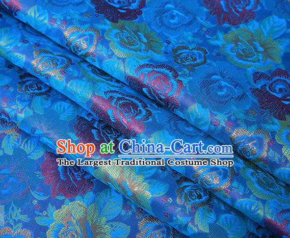 Chinese Traditional Jacquard Fabric Qipao Dress Blue Brocade Classical Roses Pattern Design Satin Material Drapery