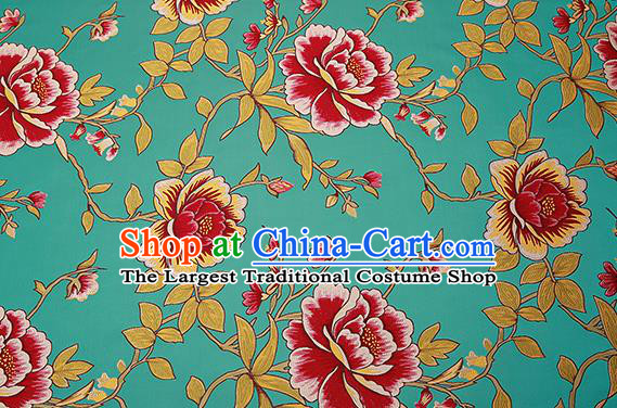 Top Grade Classical Peony Pattern Green Brocade Chinese Traditional Garment Fabric Cushion Satin Material Drapery