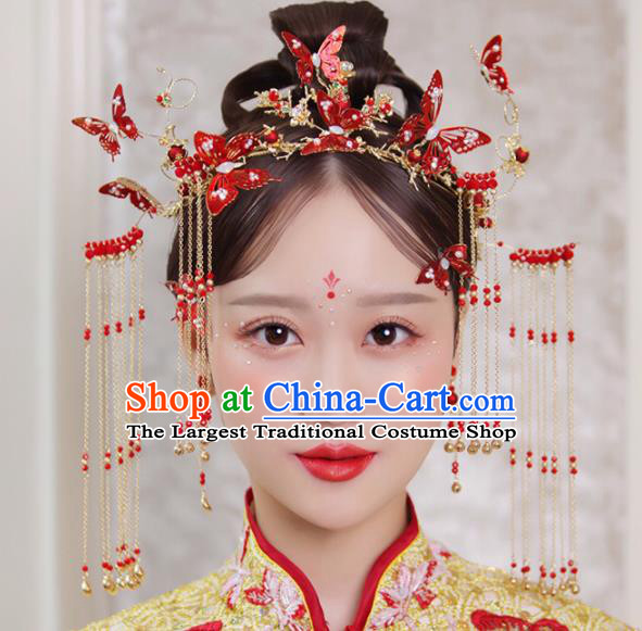 Chinese Traditional Xiuhe Suit Handmade Red Butterfly Phoenix Coronet Ancient Bride Hairpins Hair Accessories for Women