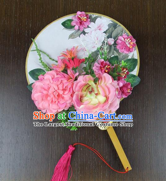 Chinese Traditional Wedding Pink Peony Flowers Round Fans Ancient Bride Handmade Palace Fans for Women