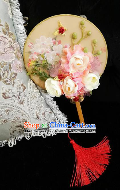 Chinese Traditional Wedding White Rose Round Fans Ancient Bride Handmade Palace Fans for Women