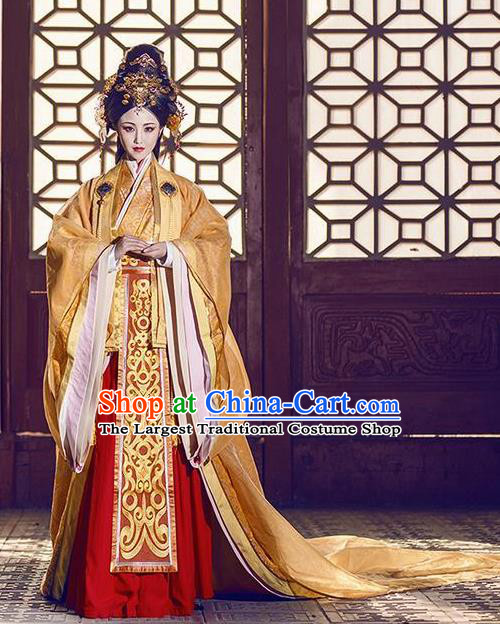 Chinese Ancient Traditional Palace Hanfu Dress Qin Dynasty Empress Embroidered Costumes and Headpiece Complete Set