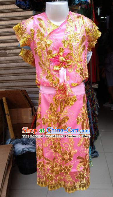 Asian Chinese Ethnic Costumes Traditional Dai Nationality Folk Dance Pink Dress for Kids