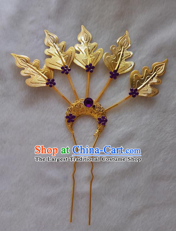 Chinese Ethnic Dai Nationality Folk Dance Hair Accessories Traditional Golden Leaf Hairpins for Women