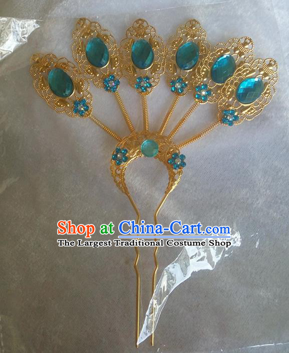 Chinese Ethnic Dai Nationality Hair Accessories Traditional Blue Crystal Hairpins for Women