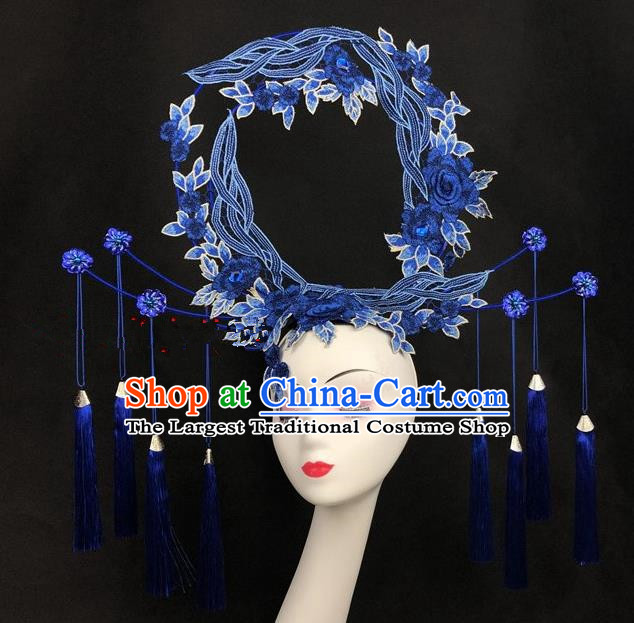 Chinese Traditional Exaggerated Headdress Ancient Catwalks Embroidered Blue Peony Hair Accessories for Women