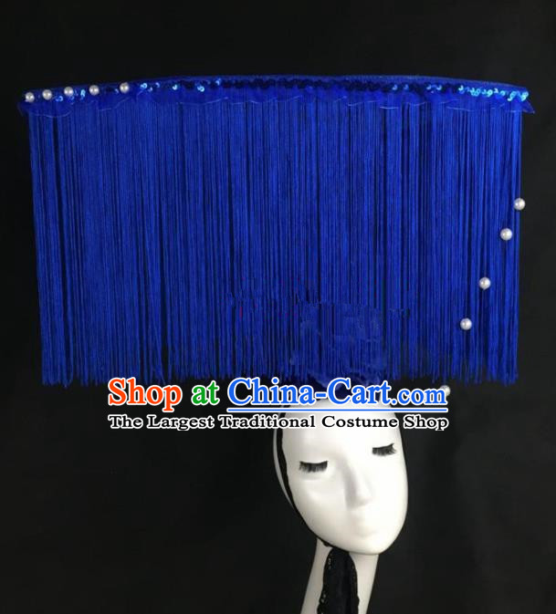 Top Grade Catwalks Hair Accessories Halloween Brazilian Carnival Blue Peony Tassel Headdress for Women