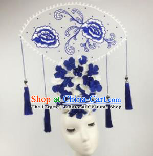 Chinese Traditional Catwalks Blue Peony Headdress Palace Exaggerated Hair Accessories for Women