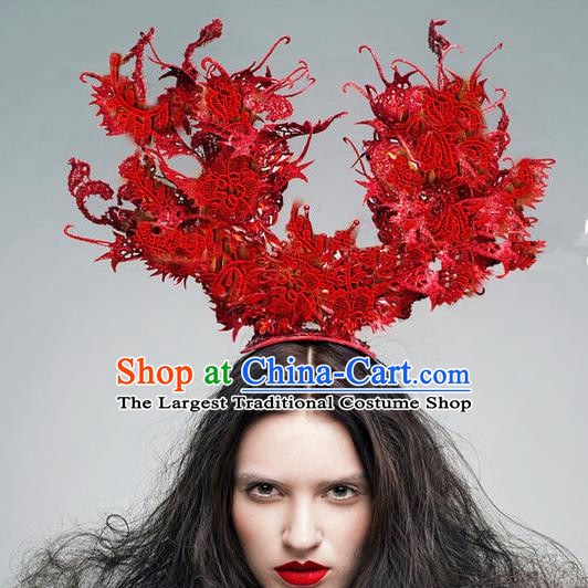 Top Grade Halloween Catwalks Hair Accessories Headdress Palace Red Lace Top Hat for Women