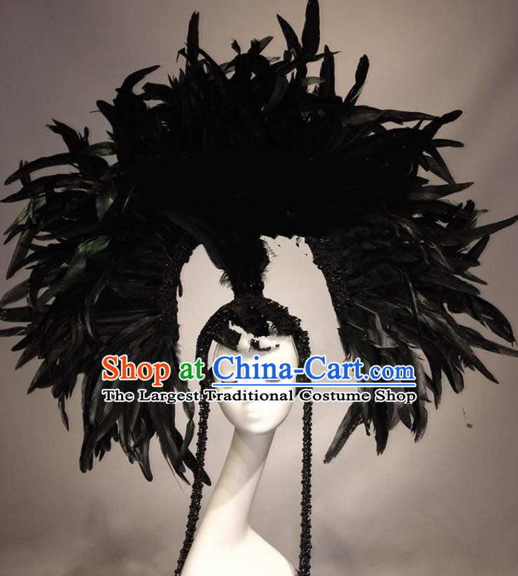 Top Grade Halloween Catwalks Hair Accessories Black Feather Headdress Baroque Hat for Women