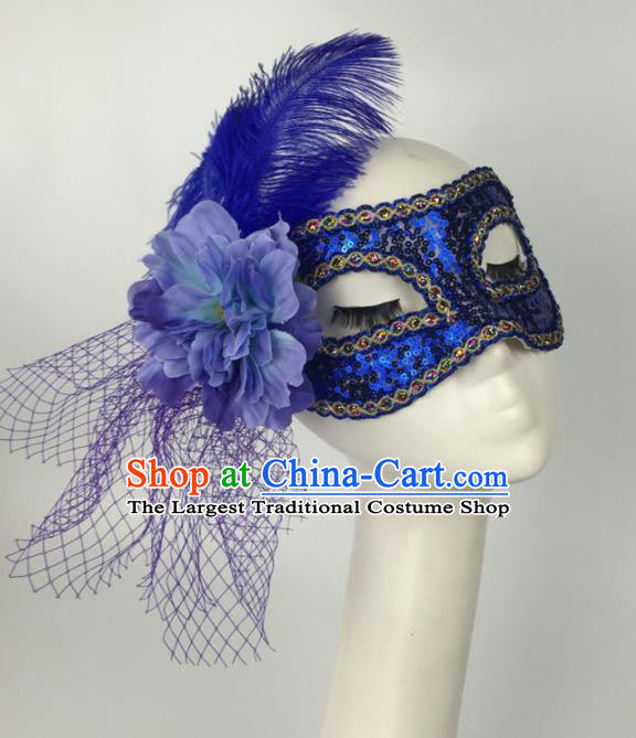 Halloween Exaggerated Accessories Catwalks Blue Feather Sequins Masks for Women