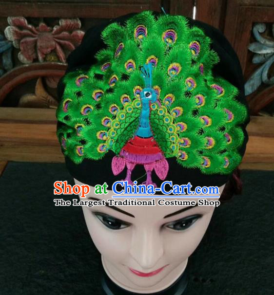Chinese Traditional National Hat Ethnic Yi Nationality Embroidered Green Peacock Kerchief for Women