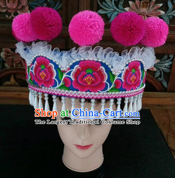 Chinese Traditional National Hat Ethnic Yi Nationality Embroidered White Tassel Hat for Women