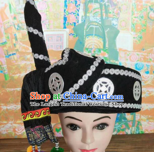 Chinese Traditional National Black Hat Ethnic Yi Nationality Hat for Men