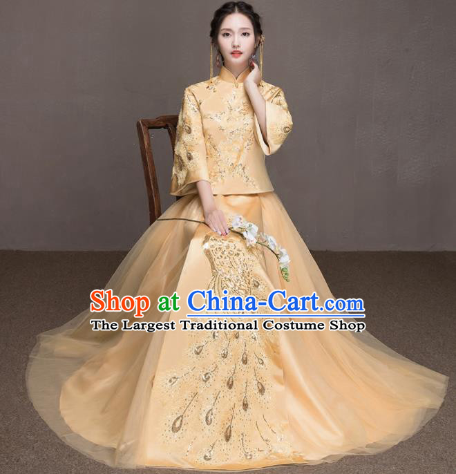 Chinese Traditional Wedding Costumes Ancient Bride Embroidered Peacock Yellow Dress for Women