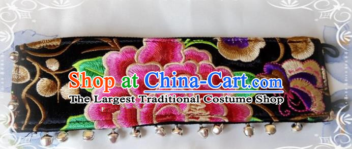 Chinese Traditional National Accessories Ethnic Embroidered Peony Black Bracelet for Women