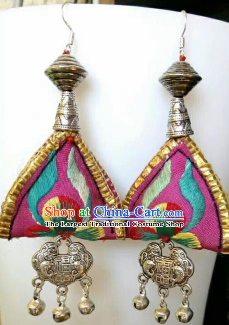 Chinese Traditional National Ear Accessories Ethnic Embroidered Pink Earrings for Women