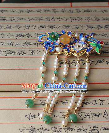 Asian Chinese Traditional Hanfu Hair Accessories Pearls Tassel Hair Sticks Ancient Palace Blueing Hairpins for Women