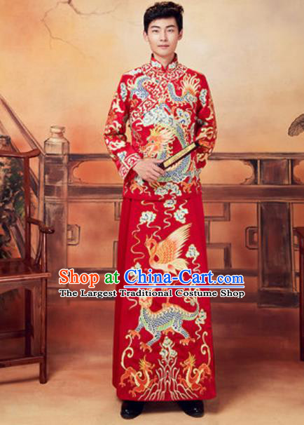 Chinese Traditional Wedding Embroidered Dragon Costumes Ancient Bridegroom Toast Clothing for Men
