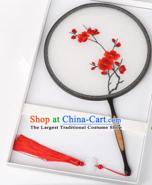 Chinese Traditional Palace Fans Embroidered Red Wintersweet Fans Ancient Hanfu Silk Round Fan for Women