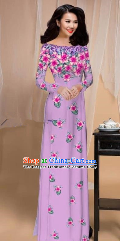Asian Vietnam Traditional Printing Flowers Lilac Cheongsam Vietnamese Classical Ao Dai Qipao Dress for Women