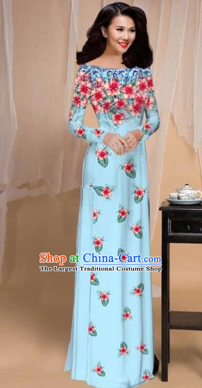 Asian Vietnam Traditional Printing Flowers Blue Cheongsam Vietnamese Classical Ao Dai Qipao Dress for Women