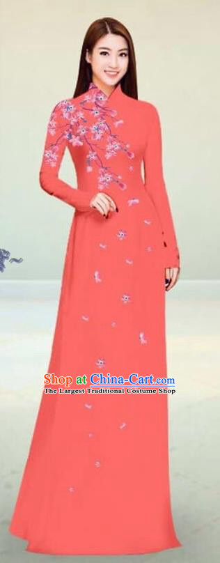 Asian Vietnam Traditional Watermelon Red Cheongsam Vietnamese Classical Ao Dai Qipao Dress for Women