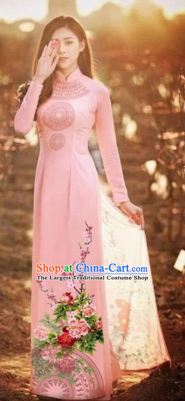 Asian Vietnam Traditional Printing Peony Pink Cheongsam Vietnamese Classical Ao Dai Qipao Dress for Women