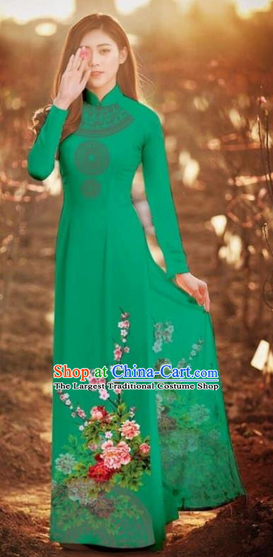 Asian Vietnam Traditional Printing Peony Deep Green Cheongsam Vietnamese Classical Ao Dai Qipao Dress for Women