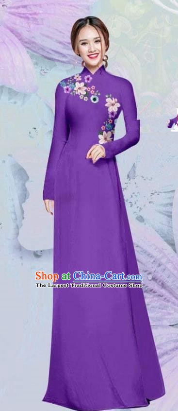 Asian Vietnam Traditional Cheongsam Vietnamese Classical Purple Ao Dai Qipao Dress for Women