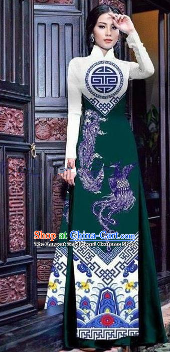 Asian Vietnam Traditional Printing Phoenix Green Cheongsam Vietnamese Ao Dai Qipao Dress for Women