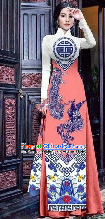 Asian Vietnam Traditional Printing Phoenix Pink Cheongsam Vietnamese Ao Dai Qipao Dress for Women