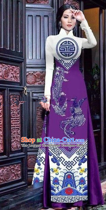 Asian Vietnam Traditional Printing Phoenix Purple Cheongsam Vietnamese Ao Dai Qipao Dress for Women