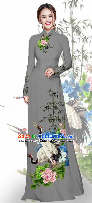 Asian Vietnam Traditional Printing Crane Peony Grey Cheongsam Vietnamese Ao Dai Qipao Dress for Women