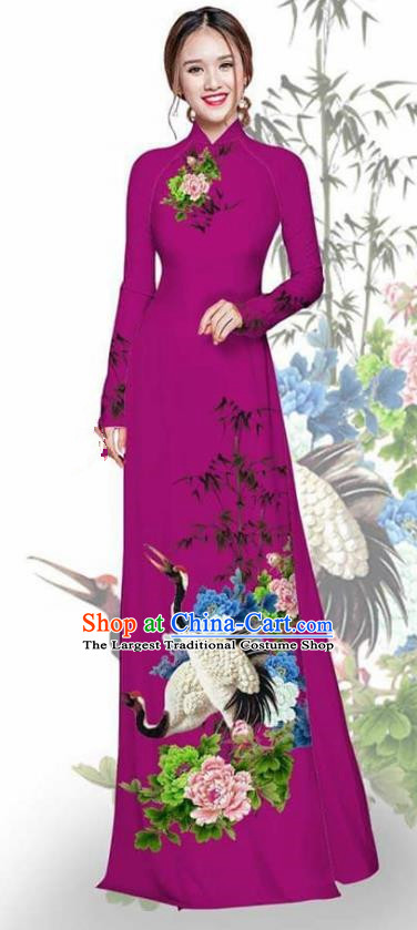 Asian Vietnam Traditional Printing Crane Peony Amaranth Cheongsam Vietnamese Ao Dai Qipao Dress for Women
