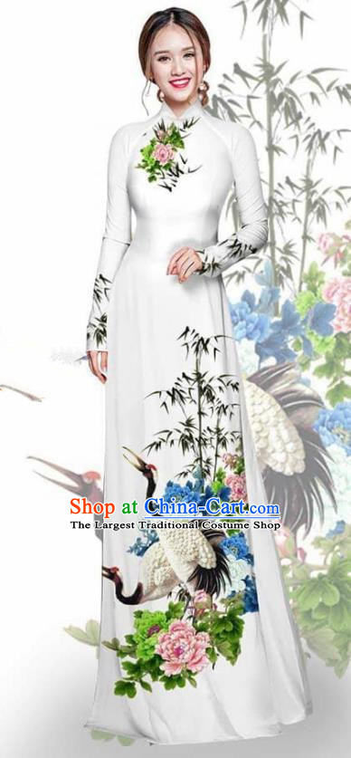 Asian Vietnam Traditional Printing Crane Peony White Cheongsam Vietnamese Ao Dai Qipao Dress for Women