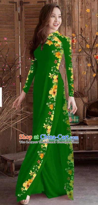 Asian Vietnam Traditional Printing Cheongsam Vietnamese Deep Green Ao Dai Qipao Dress for Women