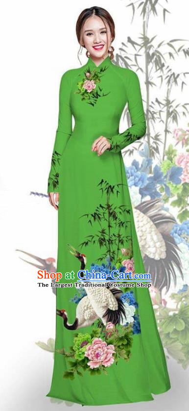 Asian Vietnam Traditional Printing Crane Peony Green Cheongsam Vietnamese Ao Dai Qipao Dress for Women