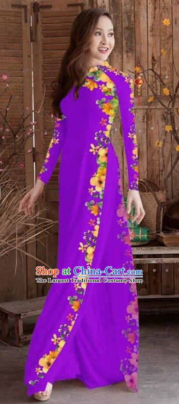 Asian Vietnam Traditional Printing Vietnamese Purple Ao Dai Qipao Dress for Women