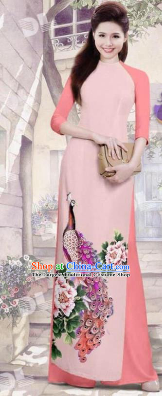 Asian Vietnam Traditional Pink Cheongsam Vietnamese Printing Peacock Ao Dai Qipao Dress for Women