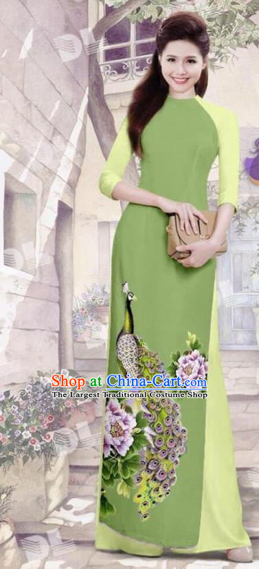 Asian Vietnam Traditional Olive Green Cheongsam Vietnamese Printing Peacock Ao Dai Qipao Dress for Women