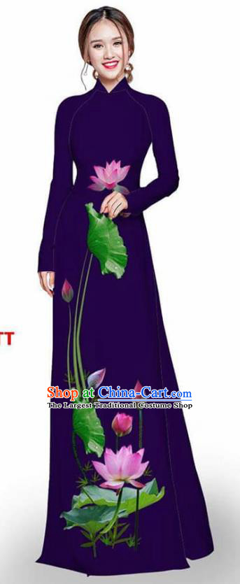 Asian Vietnam Traditional Deep Purple Cheongsam Vietnamese Printing Lotus Ao Dai Qipao Dress for Women