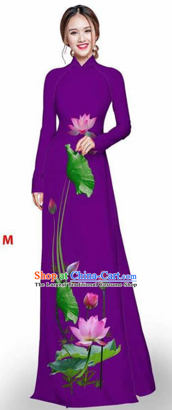 Asian Vietnam Traditional Purple Cheongsam Vietnamese Printing Lotus Ao Dai Qipao Dress for Women