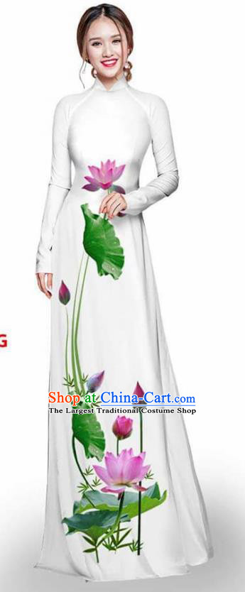 Asian Vietnam Traditional White Cheongsam Vietnamese Printing Lotus Ao Dai Qipao Dress for Women
