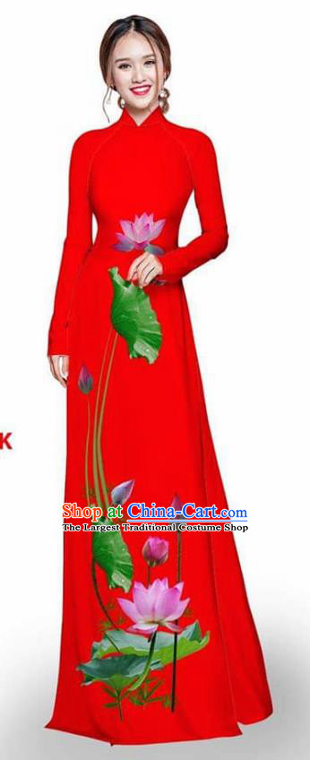 Asian Vietnam Traditional Red Cheongsam Vietnamese Printing Lotus Ao Dai Qipao Dress for Women