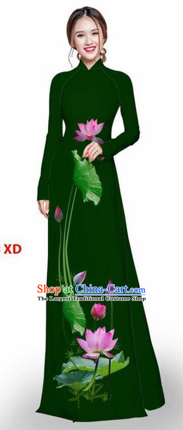 Asian Vietnam Traditional Deep Green Cheongsam Vietnamese Printing Lotus Ao Dai Qipao Dress for Women