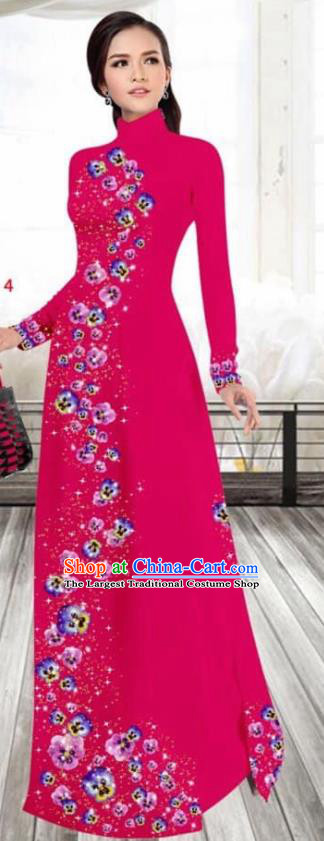 Asian Vietnam Traditional Female Costume Vietnamese Printing Rosy Cheongsam Ao Dai Qipao Dress for Women