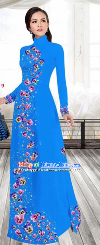 Asian Vietnam Traditional Female Costume Vietnamese Printing Blue Cheongsam Ao Dai Qipao Dress for Women